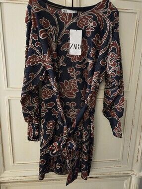 Zara Navy and Rust Floral Tie-Front Dress NWT SIZE M